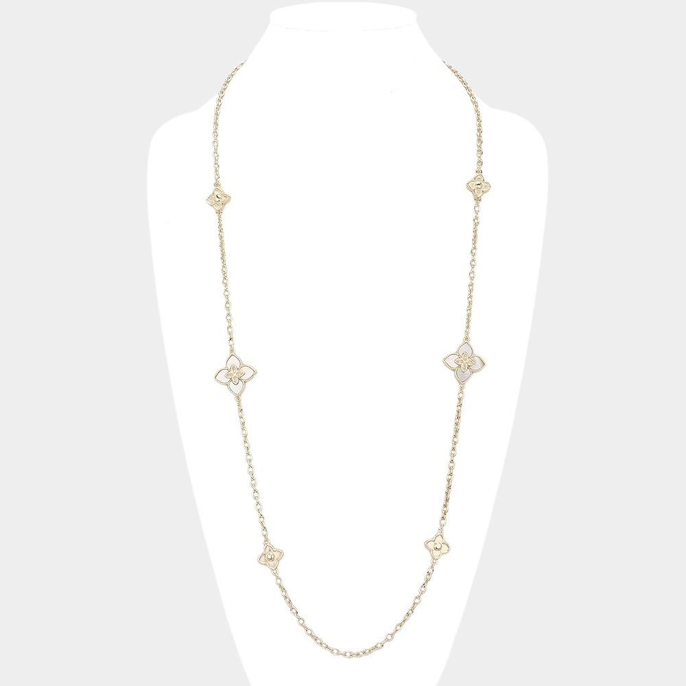 Mother of Pearl VC Style Long Gold Floral Necklace